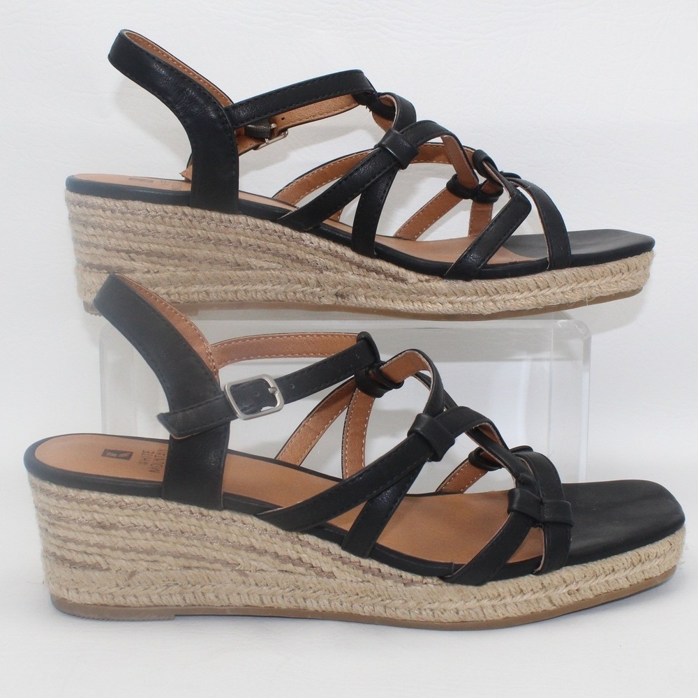White Mountain Swayze‎ Black Strappy Espadrille Wedge Sandals Womens 10M